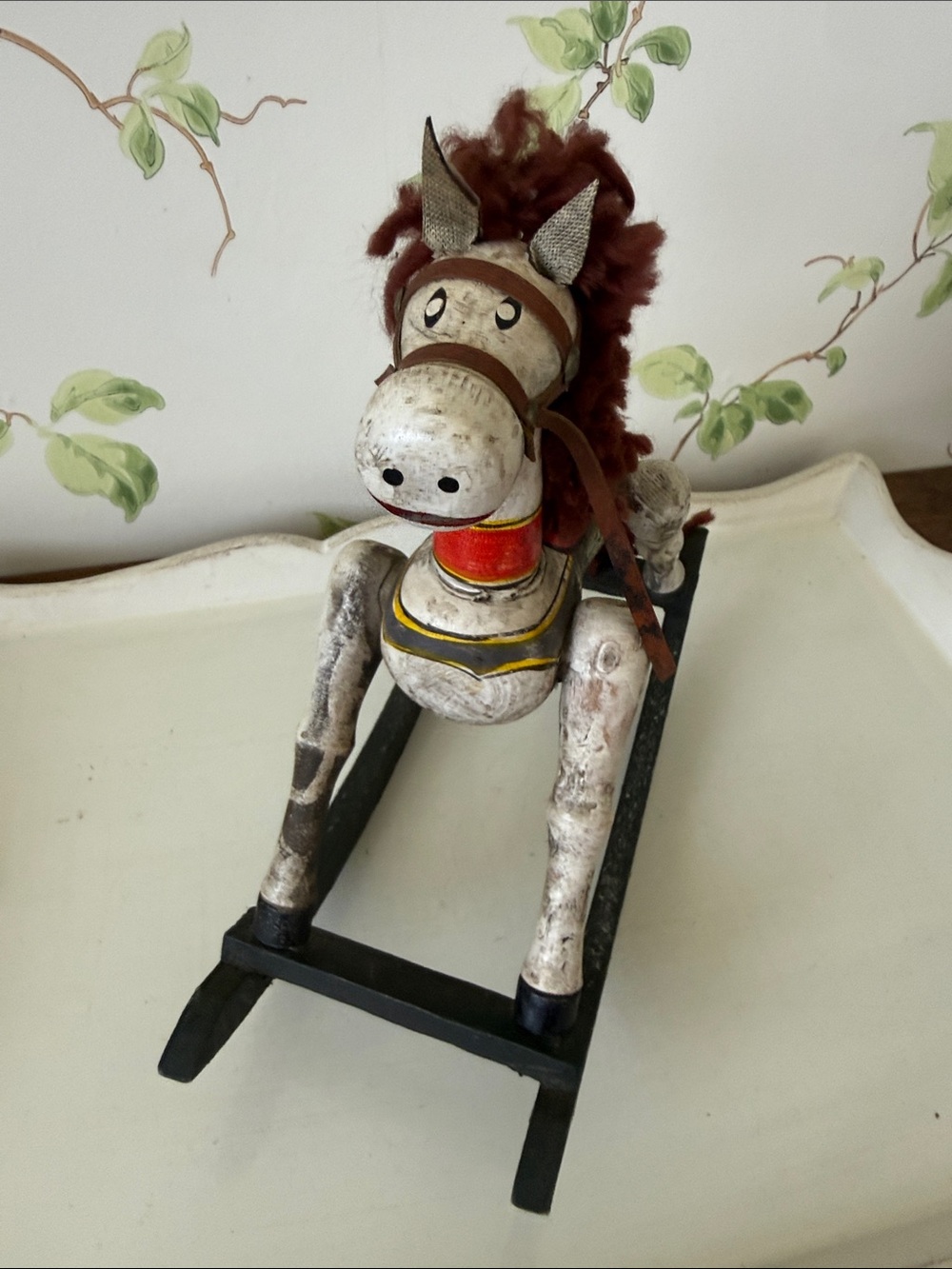 Vintage Wooden Rocking Horse Hand-Painted Folk Art - Nursery Deco - Picture 9 of 9